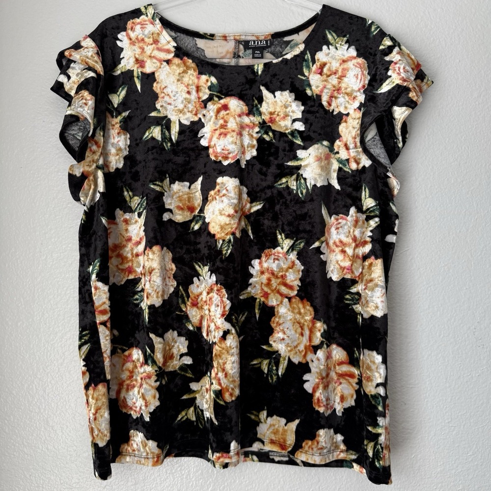 a.n.a Velvet Velour‎ Top Large Black Floral Ruffle Fairy Grunge Y2K Whimsigoth